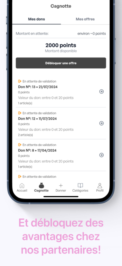 Dressed - Screenshot des Dressed-App-Bereichs "Cagnotte" mit einem Punktestand und einer Spendenhistorie zum Freischalten von Partnerprämien.