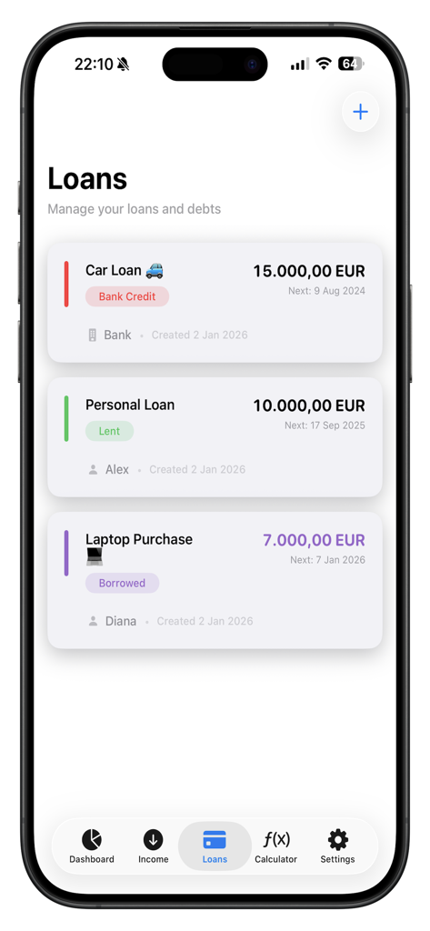 Ypsilon - Ypsilon app screen displaying a list of car and personal loans with payment details