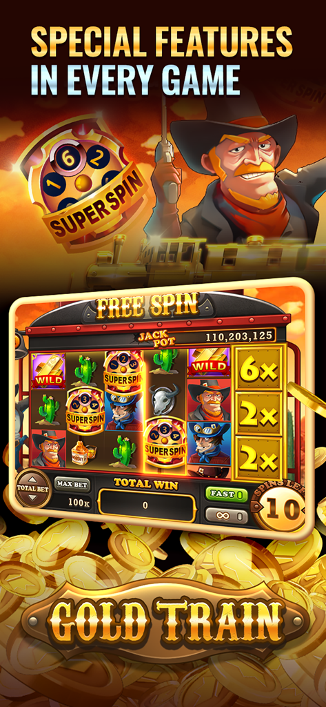 Gold Party Casino - Gold Party Casino game screenshot showcasing the Wild West themed Gold Train slot machine with special features like free spins and super spins