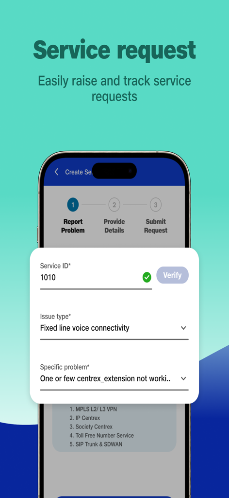 JioBusiness - A mobile app screen for raising and tracking service requests with fields for service ID and issue type.
