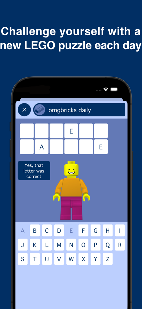 omgbricks for LEGO Sets - Daily LEGO word puzzle game interface in the omgbricks app