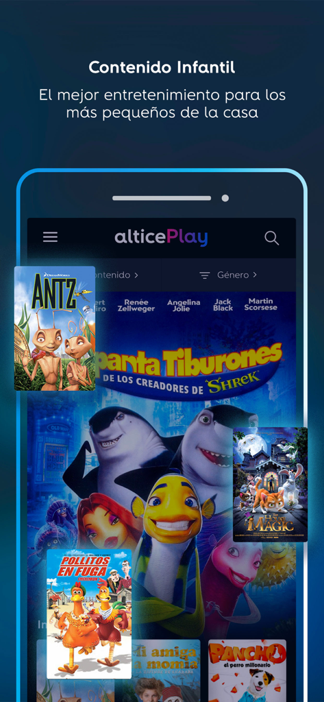 Altice Play App-Oberfläche mit einer Auswahl an Animationsfilmen für Kinder