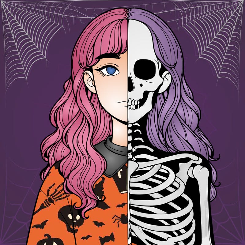 realistic girl half body half skeleton