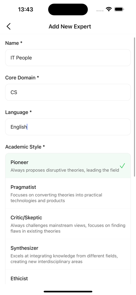 A mobile interface for adding a new expert in Paperly AI, featuring fields for name, core domain, language, and selectable academic styles like Pioneer and Pragmatist.