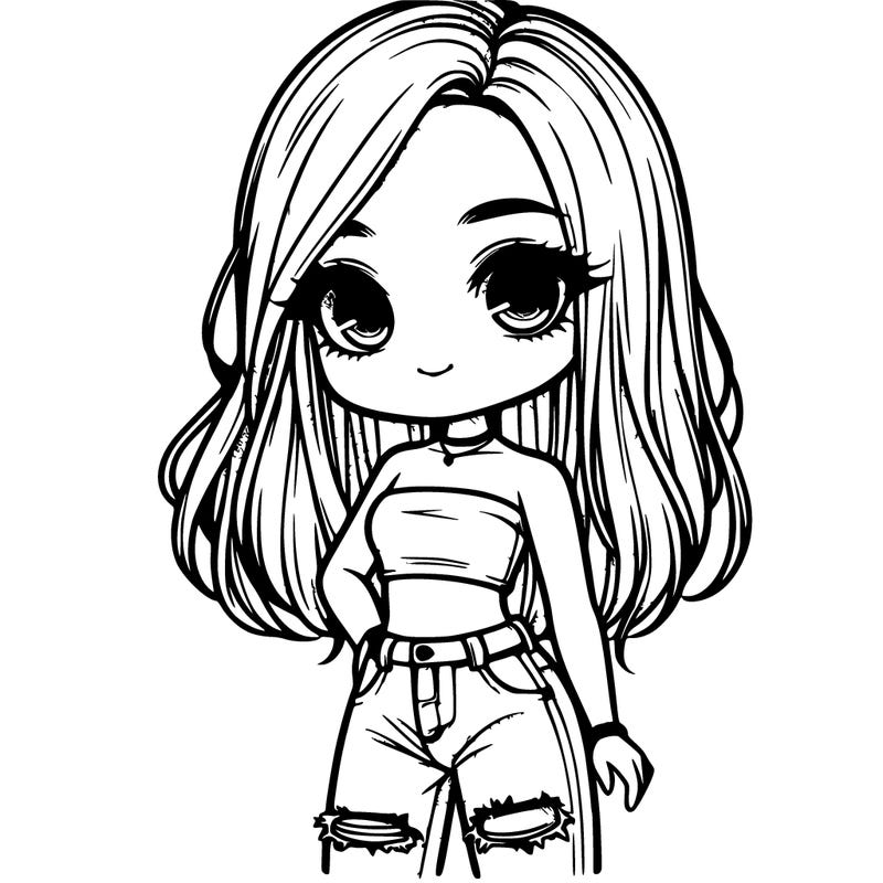 relistic chibi girl in crop top and ripped jeans