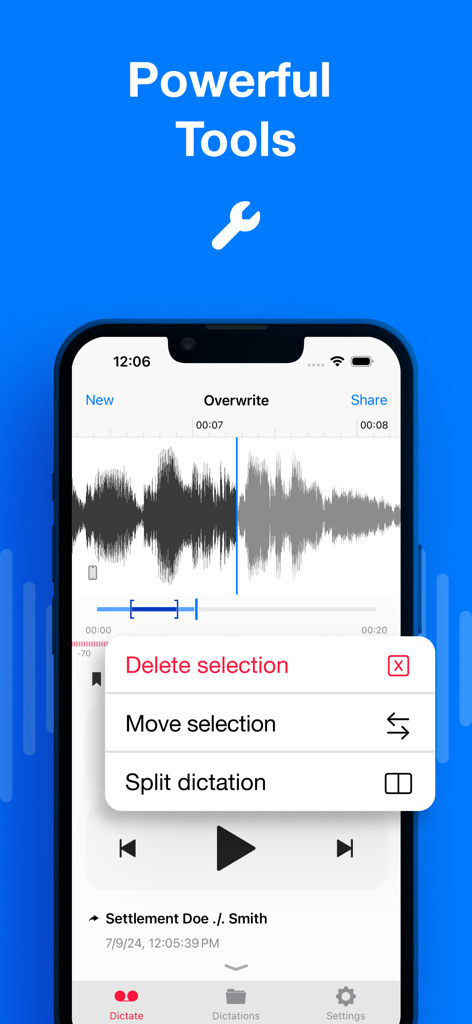 iPhone screen showing Dictate Plus app with professional audio editing tools like delete, move, and split selection
