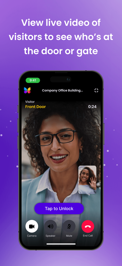 ButterflyMX mobile app showing a live video intercom call with a visitor and a tap to unlock button.