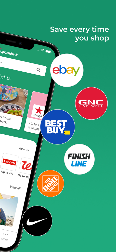 TopCashback app interface showing shopping deals and popular retailer logos like eBay and Best Buy