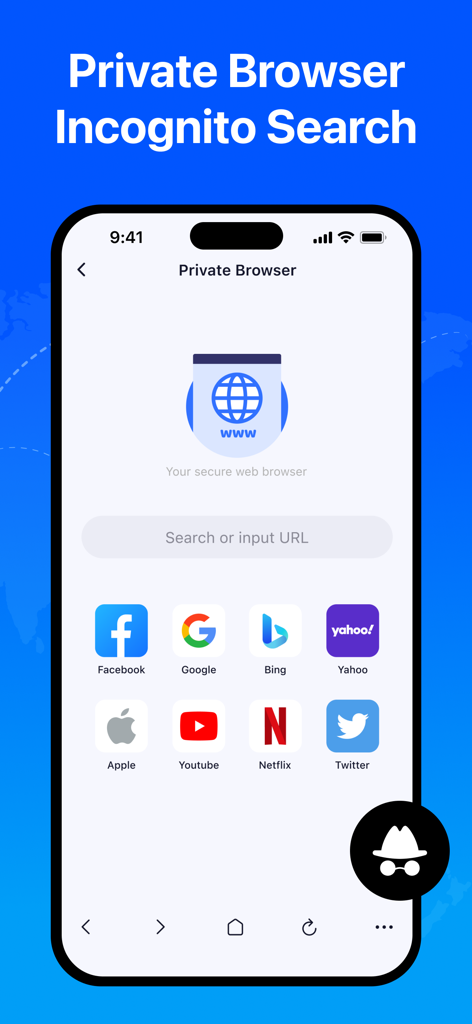 Interfaz del navegador privado de la aplicación VPN Proxy Master con función de búsqueda de incógnito y accesos directos a sitios web populares como Netflix y Google.