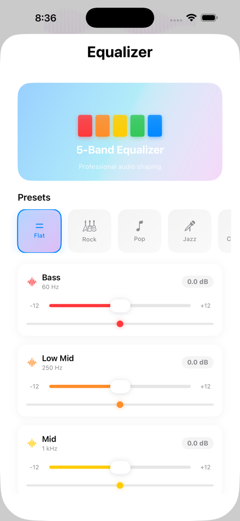 Convert Video to MP3: VidoTune - VidoTuneアプリのインターフェース。5バンドイコライザーとオーディオプリセット、周波数調整スライダーが表示されています。