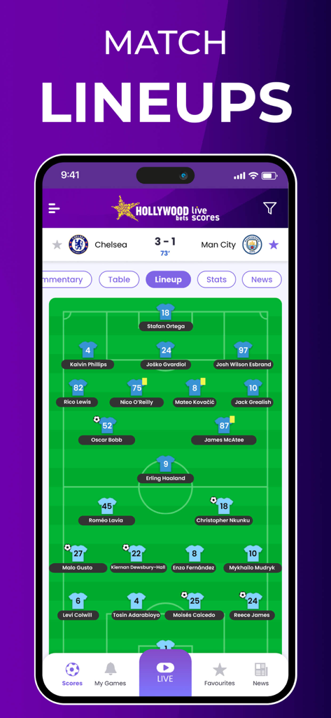 Tactical soccer match lineup screen on Hollywoodbets Live Scores app