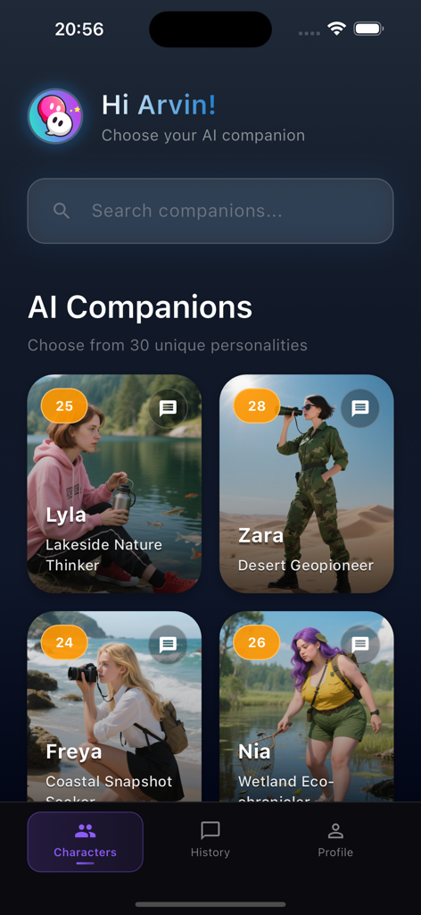 Winkly - Selection screen of nature themed AI companion characters in the Winkly app.