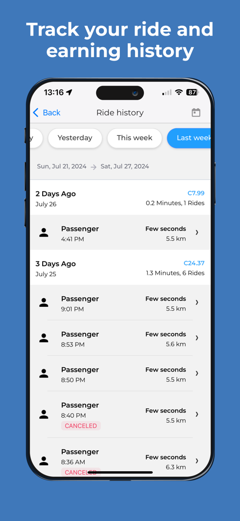 Y-DrivER app interface showing ride history and daily earnings for drivers