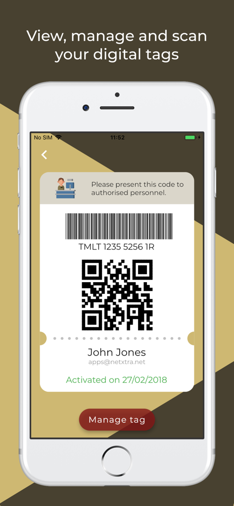 Trace Me Luggage Tracker - iPhone screenshot showing a digital luggage tag with a barcode and QR code for scanning