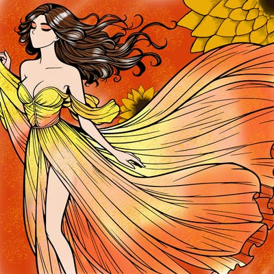 realistic woman in dress flowing the the wind