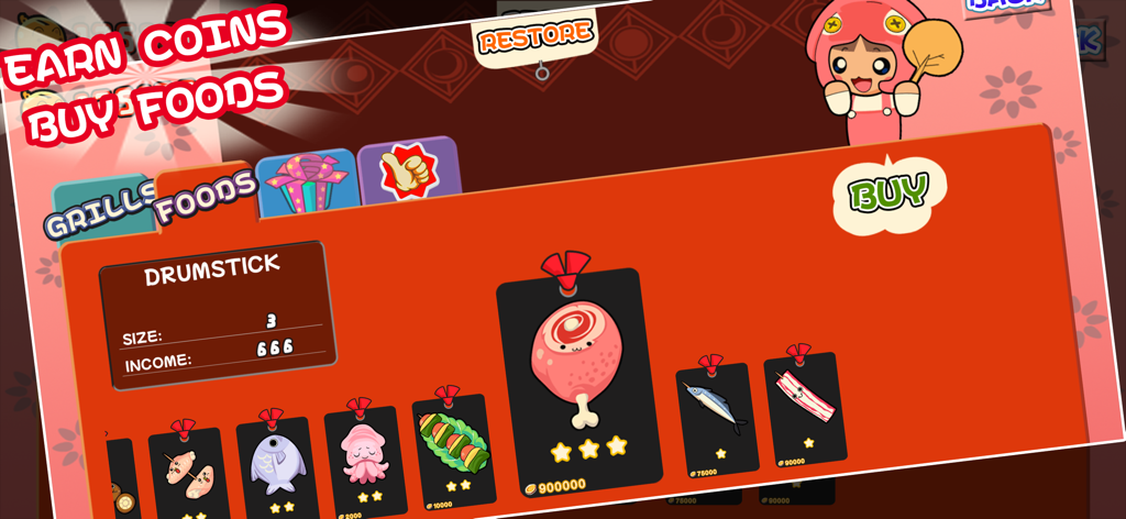 A menu screen in BBQ Cooking Master showing various food items to buy with earned coins