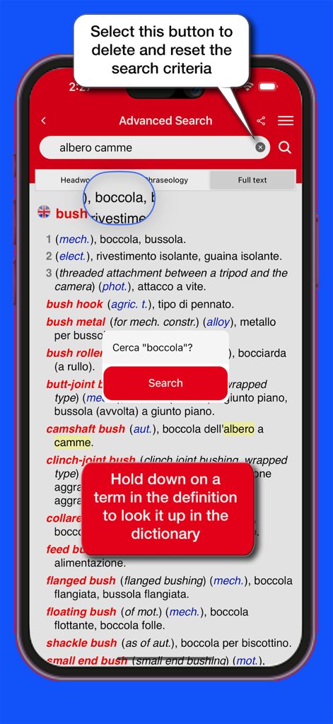 Marolli Technical Dictionary - Screenshot of the Marolli Technical Dictionary app interface demonstrating the advanced search and the tap-on-any-word lookup feature.
