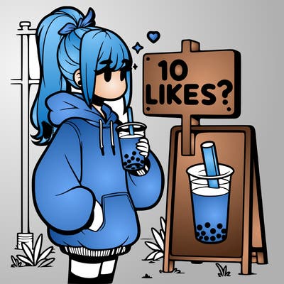 girl with oversized hoodie drinking boba and she has a high ponytail with a sign that says 10likes?