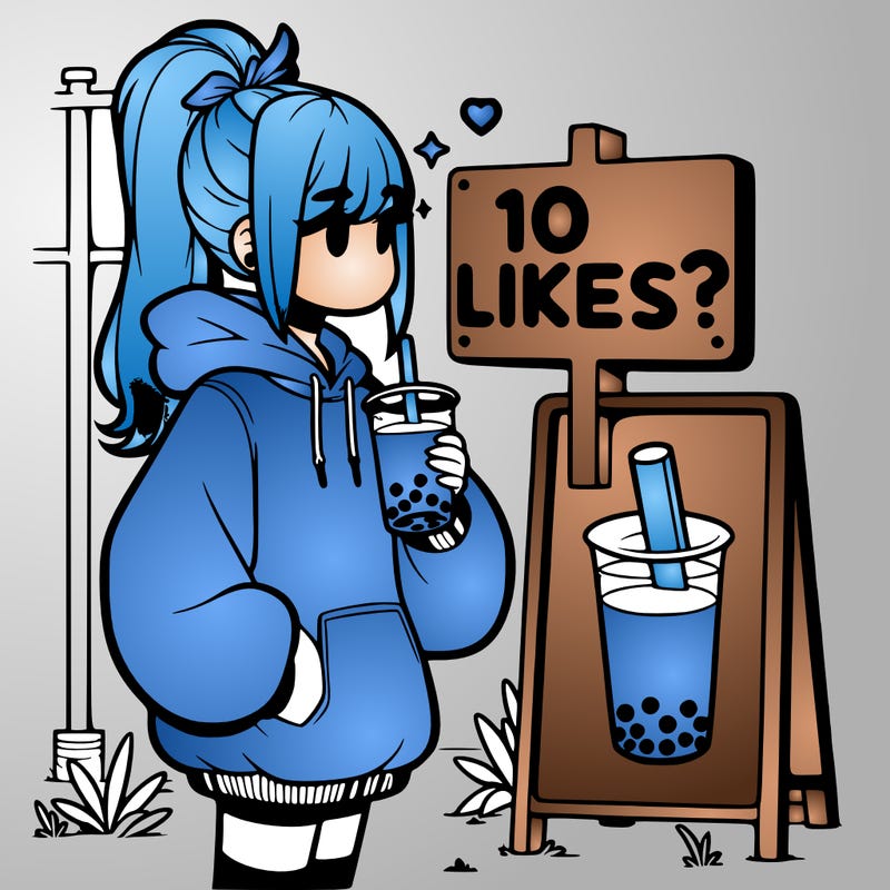 girl with oversized hoodie drinking boba and she has a high ponytail with a sign that says 10likes?