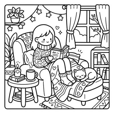 Dive into comfort with this delightful Kawaii coloring page featuring a cozy home scene. A sweet character enjoys a book by the window, accompanied by a sleepy cat, perfect for a relaxing weekend.