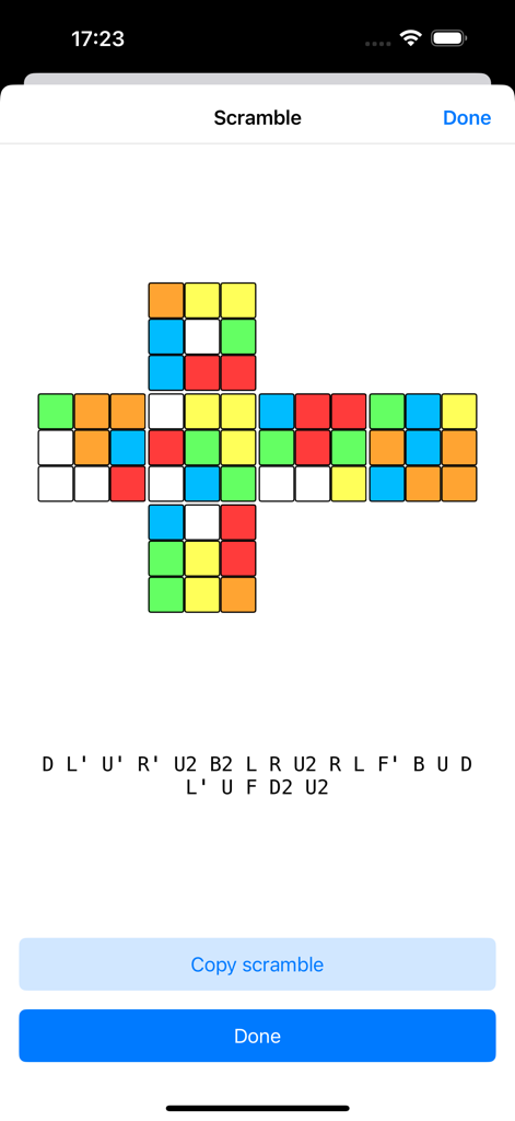 The Cube App Pro - Une représentation 2D dépliée d'un Rubik's Cube mélangé avec la notation des mouvements pour une session d'entraînement.