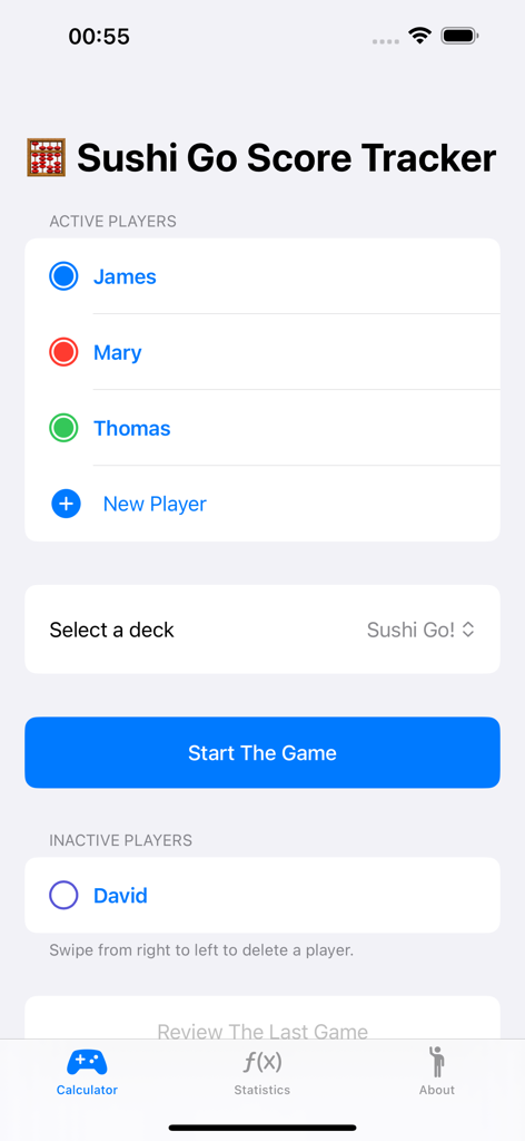 Sushi Go Score Tracker - Sushi Go Score Tracker app setup screen with active player list and start game button
