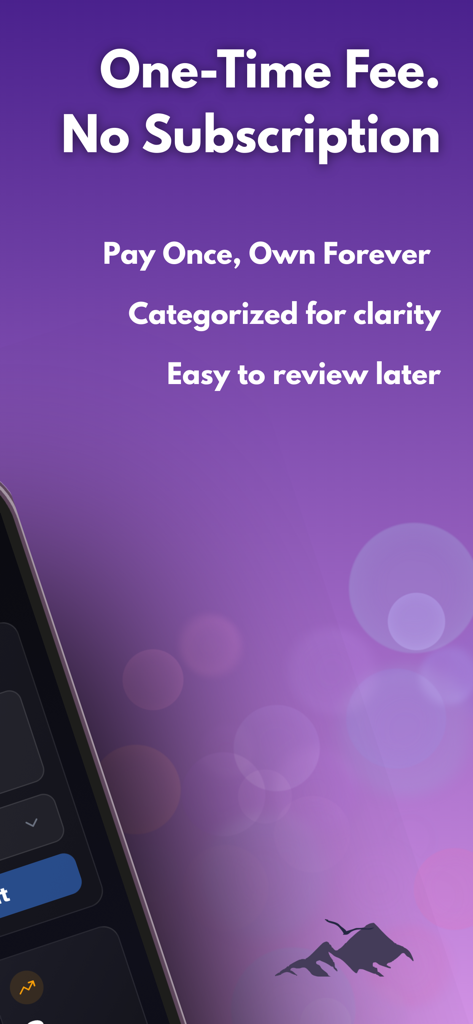 일회성 요금, 구독 없음, 사건 분류가 강조된 증거 추적기 앱 화면