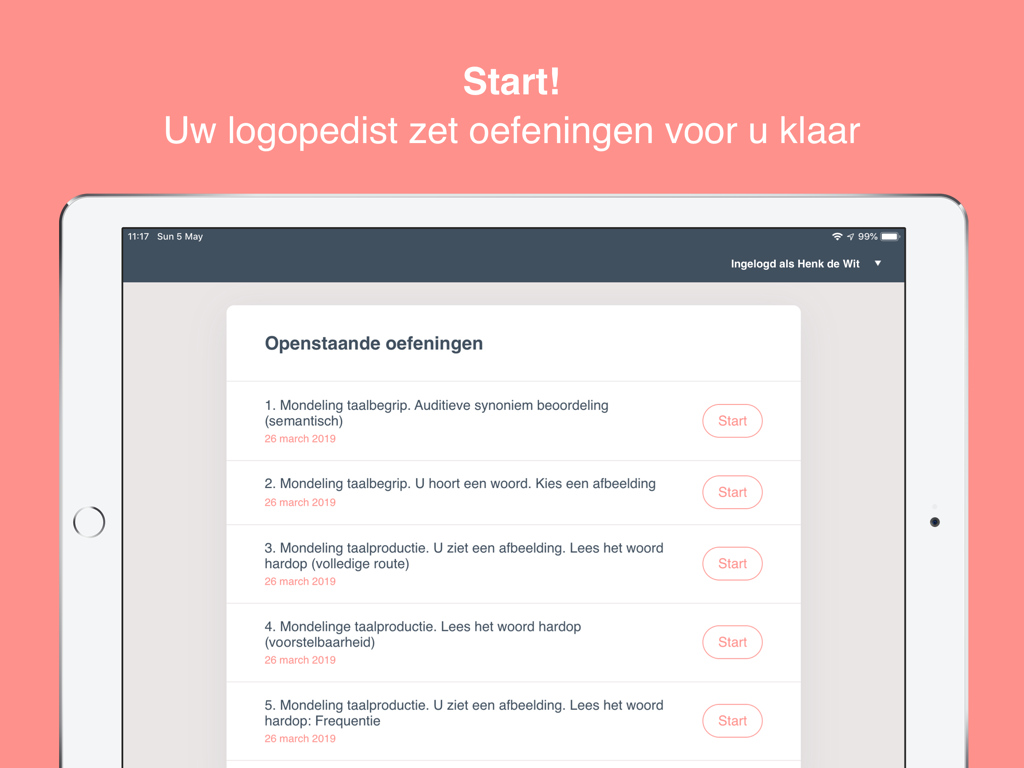 Un elenco di esercizi di logopedia olandese sull'app Afasietherapie per iPad.