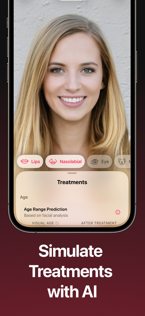 AI Aesthetics: Face Cosmetics - A mobile interface for AI Aesthetics app showing facial analysis and cosmetic treatment simulations for lips and nasolabial folds