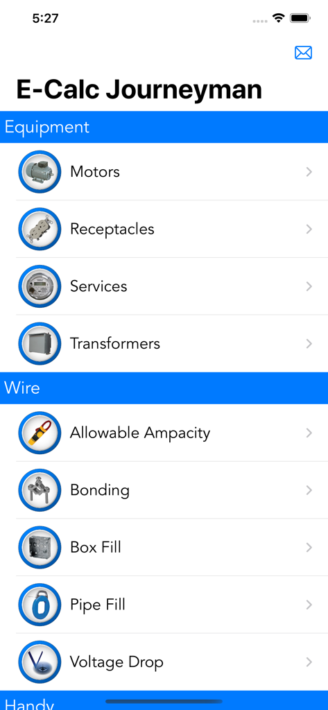 Hauptoberfläche der E-Calc Journeyman-App mit Optionen für elektrische Berechnungen für Geräte und Verkabelung.