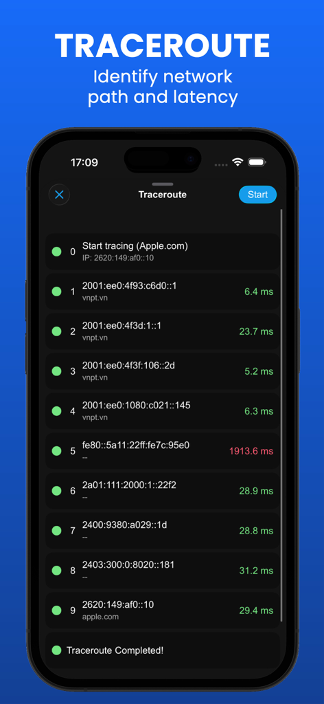 WIFI Analyzer - DNS Speed Test - Capture d'écran de la fonctionnalité traceroute identifiant le chemin réseau et les sauts de latence pour un domaine