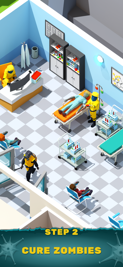 Medizinisches Personal in gelben Schutzanzügen behandelt Zombies in einem Laborflur mit dem Text Schritt 2 Zombies heilen