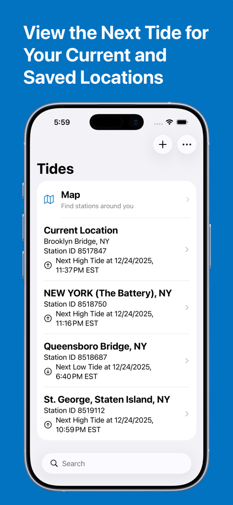 Tides - high and low tide info - Una interfaz de aplicación móvil que enumera los horarios de mareas altas y bajas para varias ubicaciones costeras de Nueva York