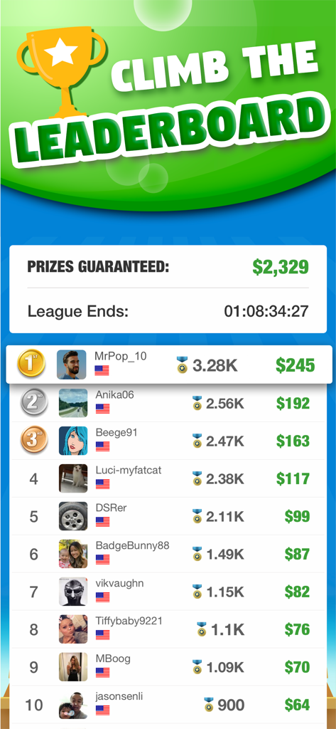 A leaderboard in Bubble Shooter Arena showing player rankings and guaranteed cash prizes.