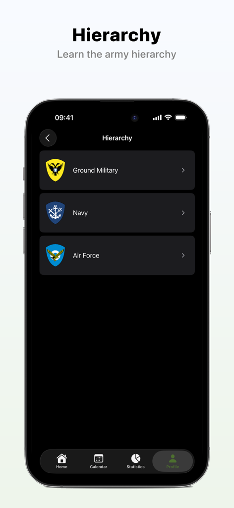 Apolyomai - 아폴로마이 앱의 군 계급 선택 화면, 지상군, 해군, 공군 섹션 포함