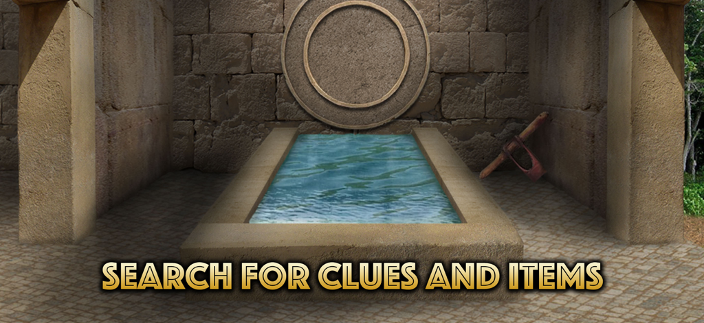 The Lost Treasure - Ancient stone temple room with a reflecting pool and archaeological tools in The Lost Treasure adventure game