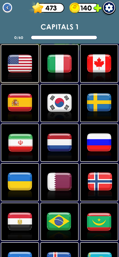World Flags 2026: Brain Game - A grid of national flags from around the world in the Capitals level of the World Flags 2026 trivia game