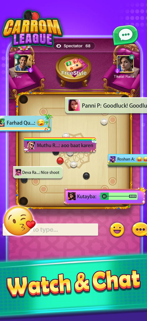 A screenshot of Carrom League game showing players interacting through live chat and emojis during a match.