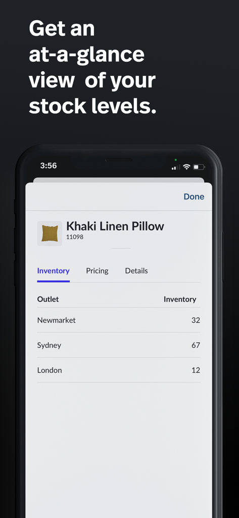 Interface of Lightspeed Scanner app displaying real-time stock levels for a product across different store outlets