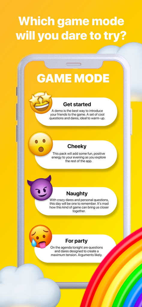 Selection screen for different game modes in the Exposed party game app including Get started, Cheeky, Naughty, and For party.
