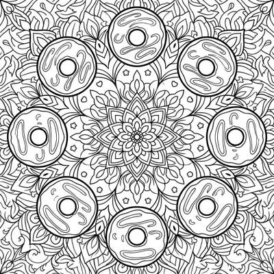Dive into a delightful world of sweet symmetry with this unique glazed doughnut mandala coloring page. Perfect for anyone looking to combine their love for intricate patterns and delicious treats.