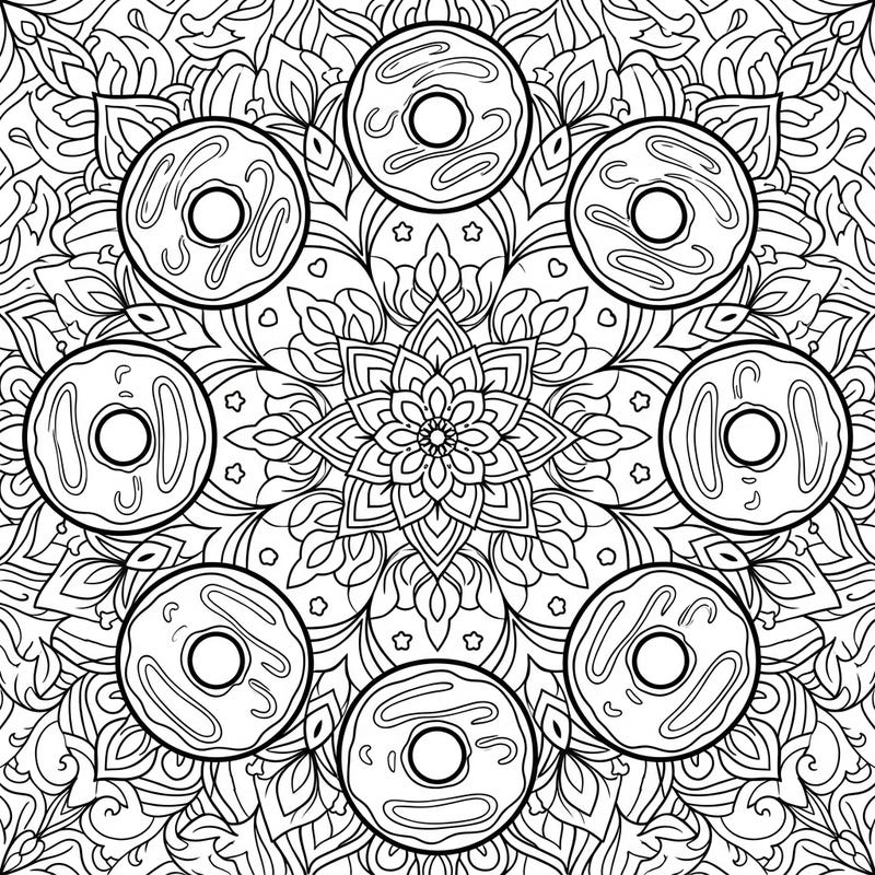 Dive into a delightful world of sweet symmetry with this unique glazed doughnut mandala coloring page. Perfect for anyone looking to combine their love for intricate patterns and delicious treats.