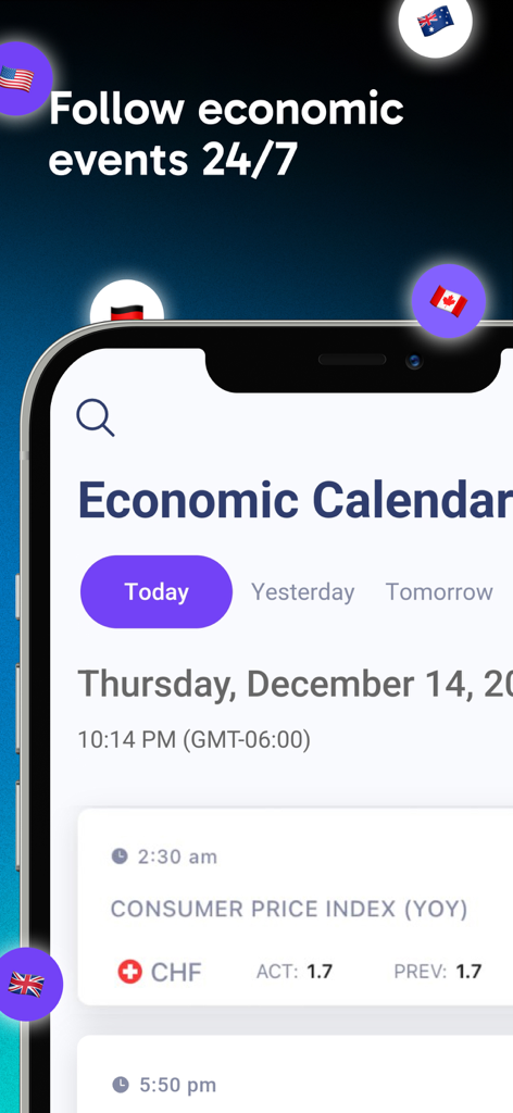 A mobile screenshot of the Forex Calendar app showing global economic events and consumer price index data