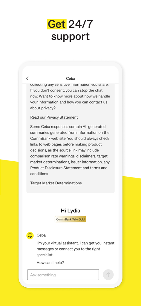 A screenshot of the CommBank app showing the Ceba virtual assistant interface for 24/7 customer support.