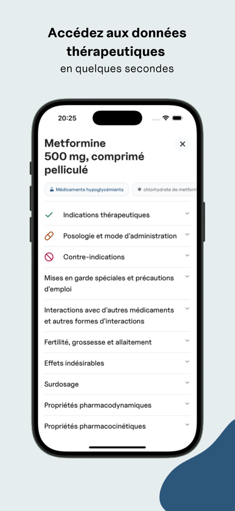 Pantalla de la aplicación Notaview que muestra información clínica de medicamentos y dosis para Metformina.