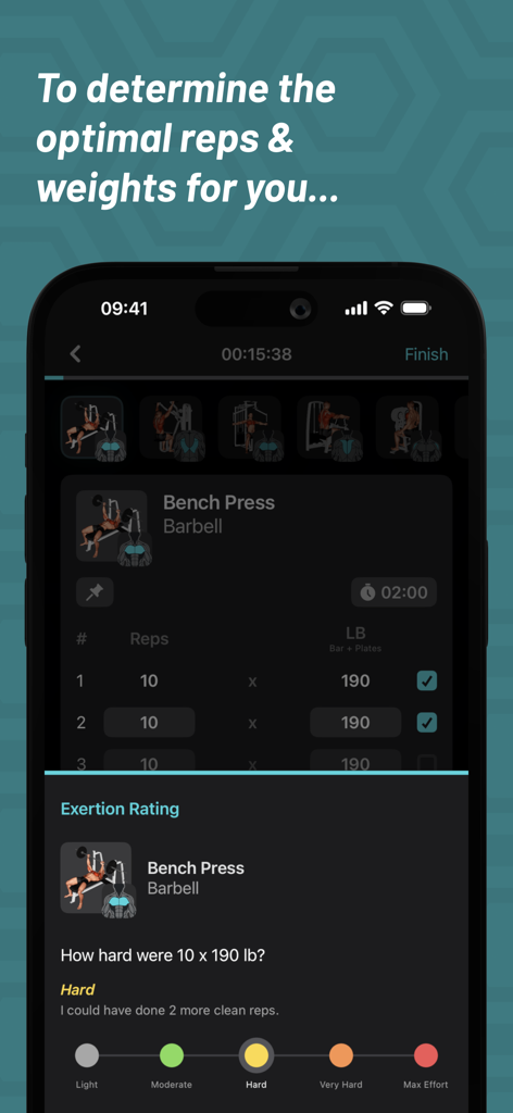 MyFitCoach - Workout Planner - MyFitCoach app interface showing bench press tracking and a subjective exertion rating scale