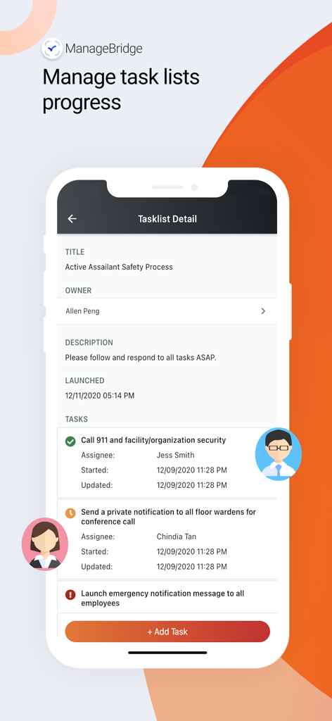 ManageBridge - ManageBridge app screen for managing critical event task list progress