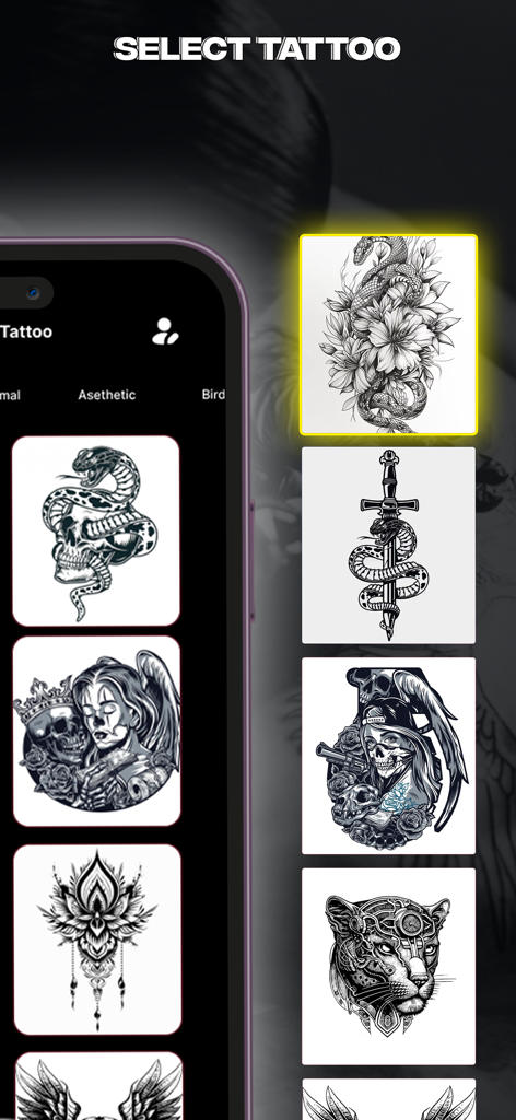 Draw Tattoo with Ink : AR - A smartphone interface displaying a selection of artistic black and white tattoo templates including snakes, skulls, and animals.
