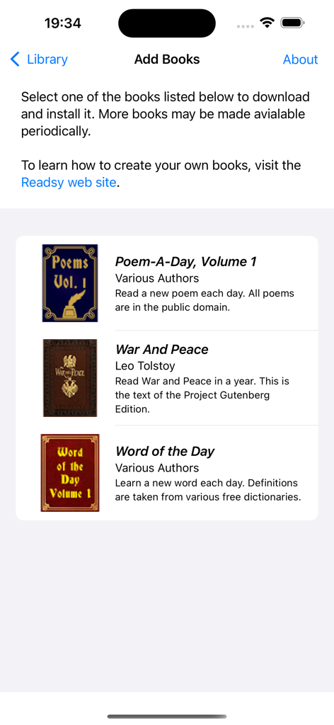 The Add Books screen in the Readsy app showing a list of available titles like Poem-A-Day and War and Peace.