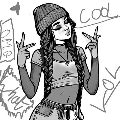 realistic teenage girl with braids and a beanie and crop top doing 🫶🏼